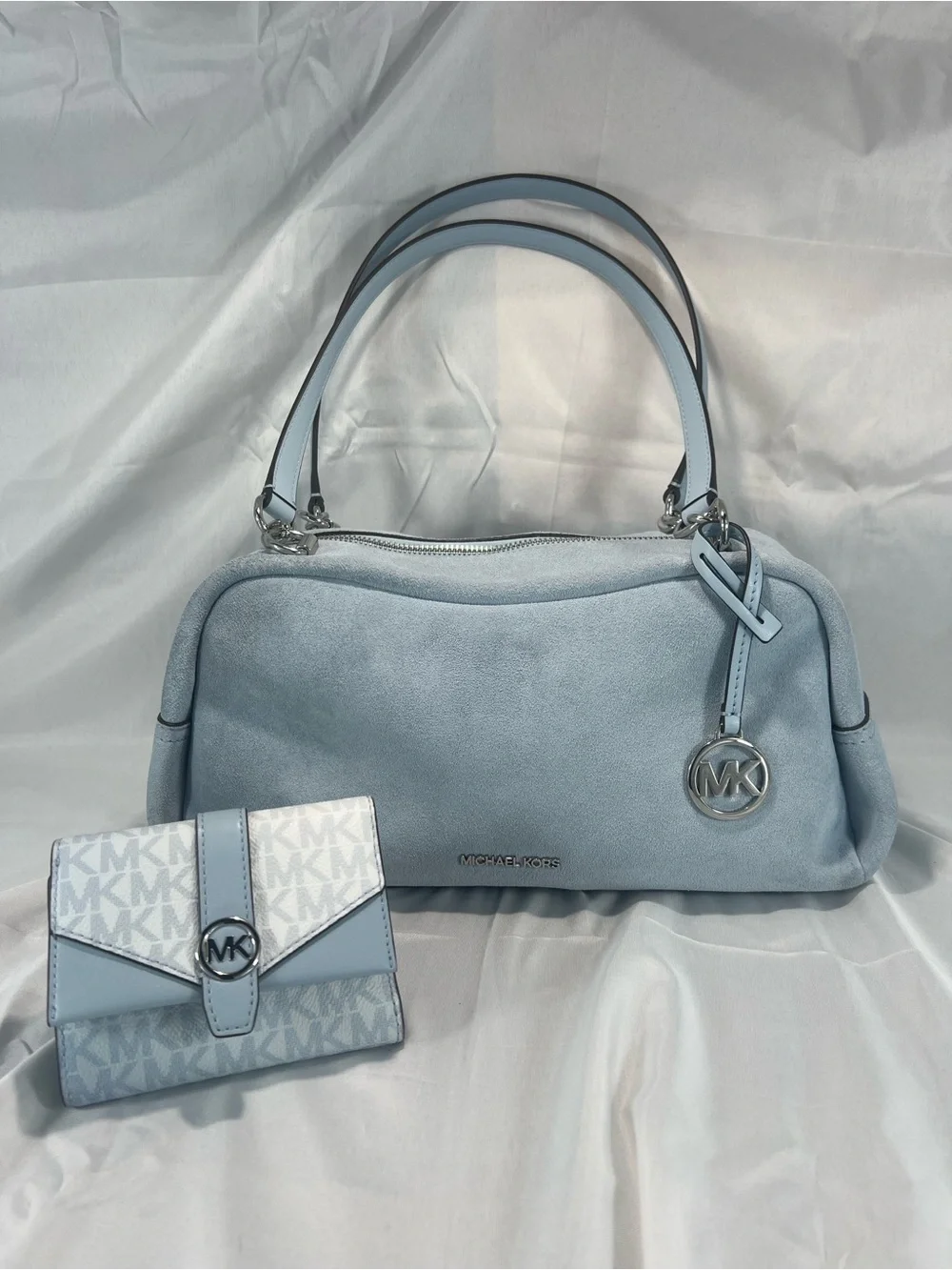 Michael Kors Cecily Medium Pale Ocean Suede Shoulder Bag & Wallet Set EUC